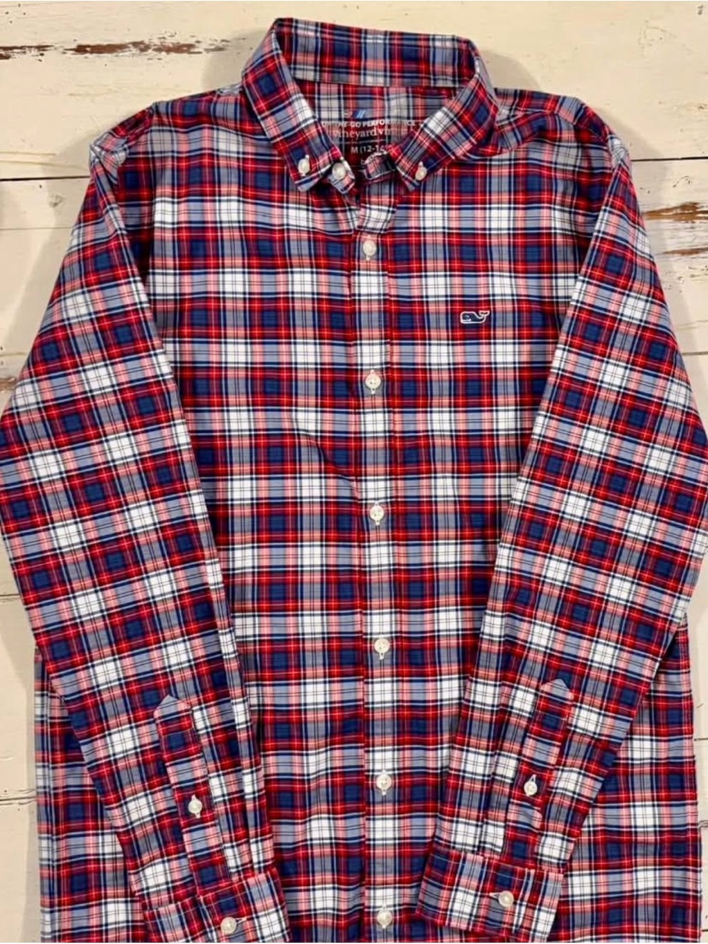 Vineyard Vines Boy’s Red Blue and White Plaid Button-Down Shirt